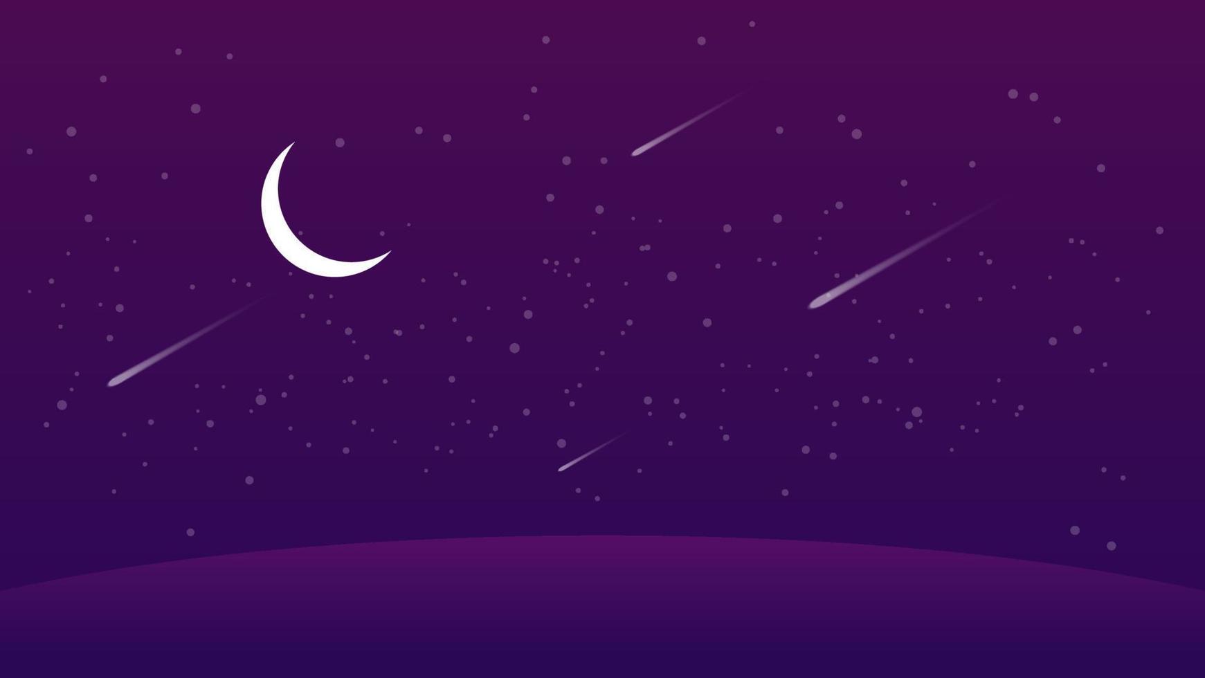 night landscape cartoon scene. dark hill with crescent moon and meteor in starry sky vector