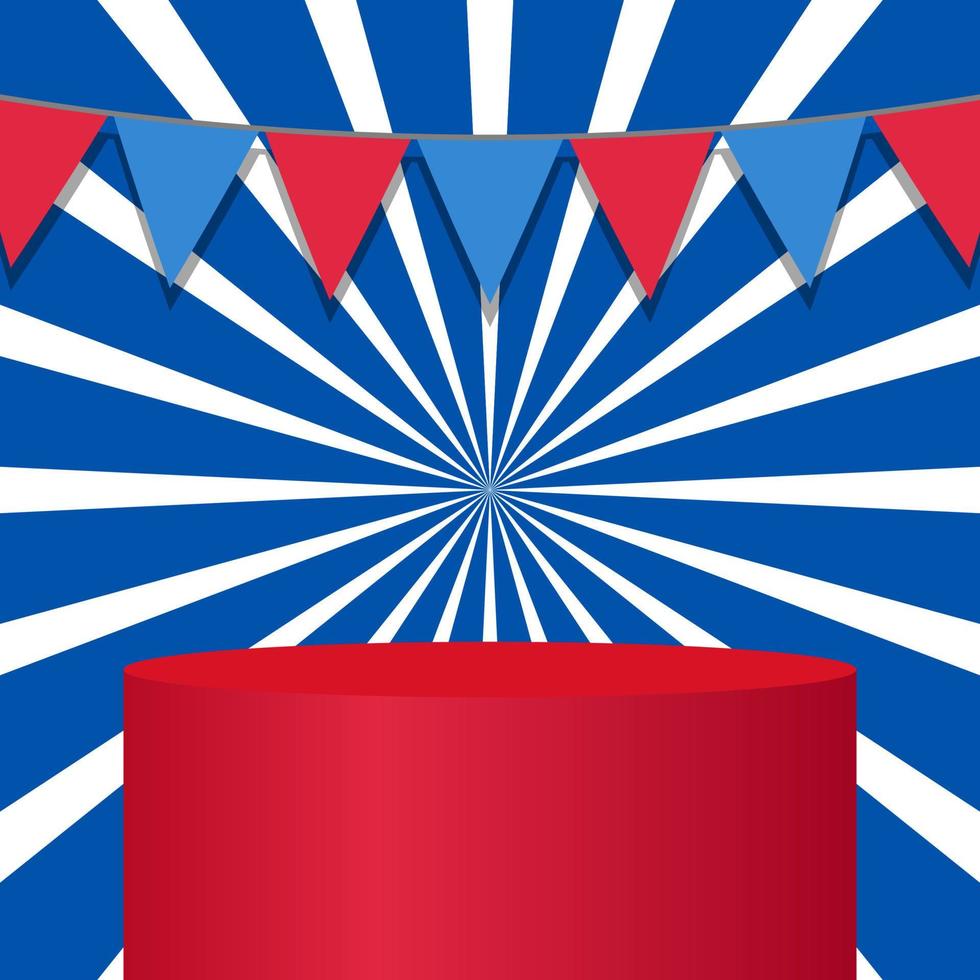 blank red podium on white and blue sunburst background with colorful bunting flag f vector