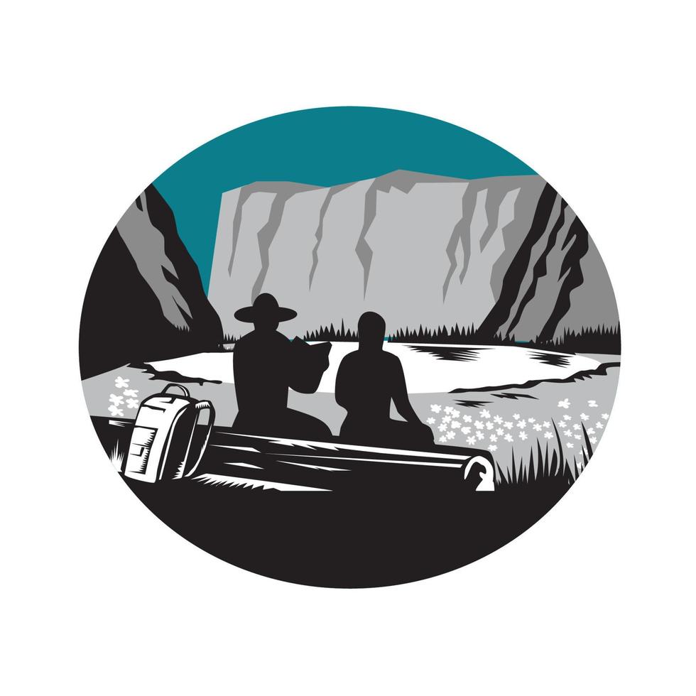 Camper Reading Sitting on Log Oval Woodcut vector