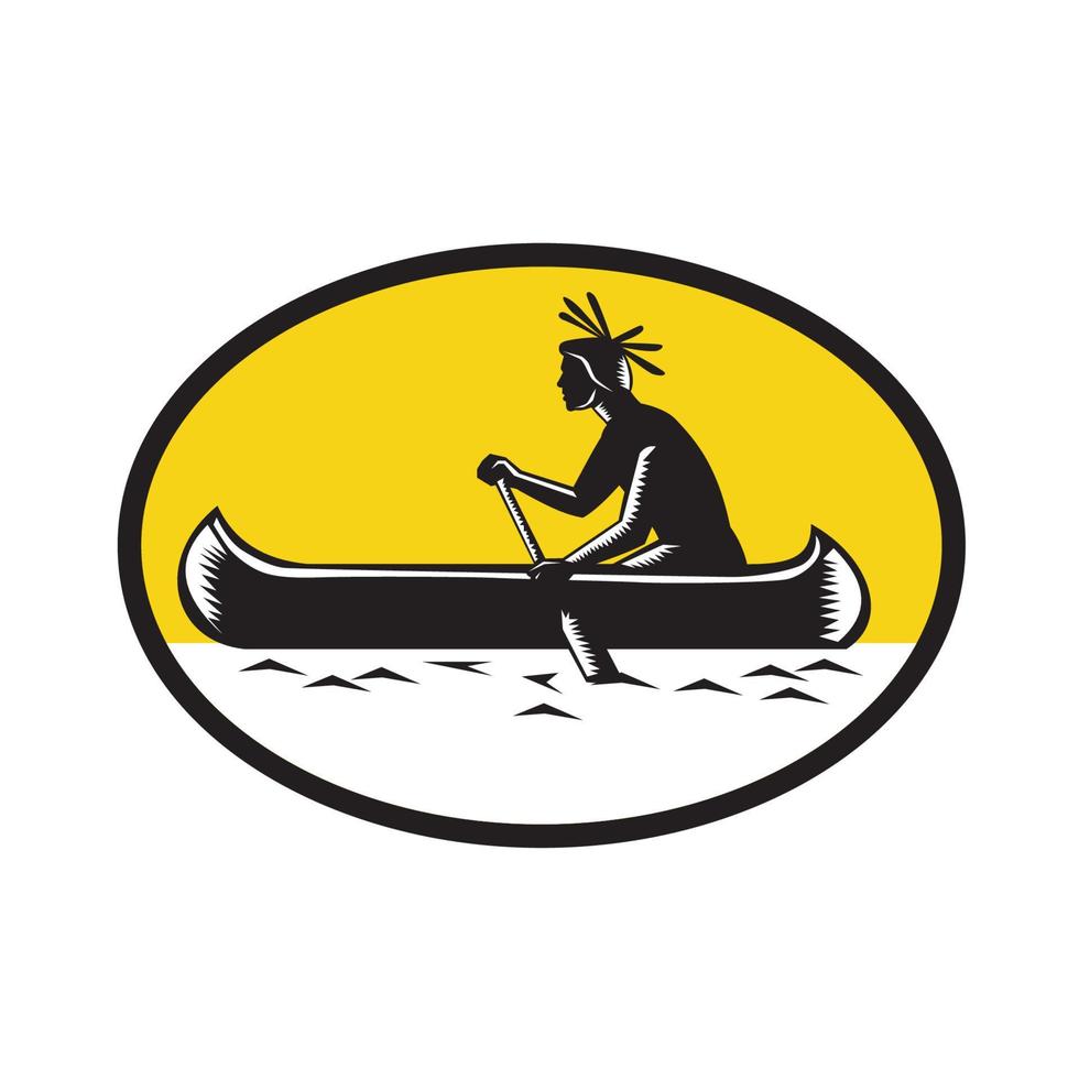 Native American Indian Paddling Canoe Woodcut vector