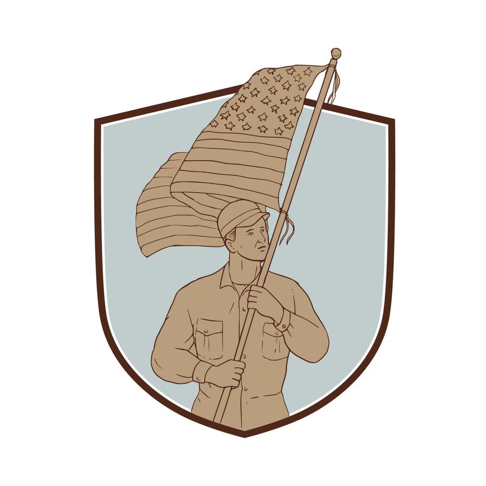 American Soldier Waving USA Flag Crest Drawing vector