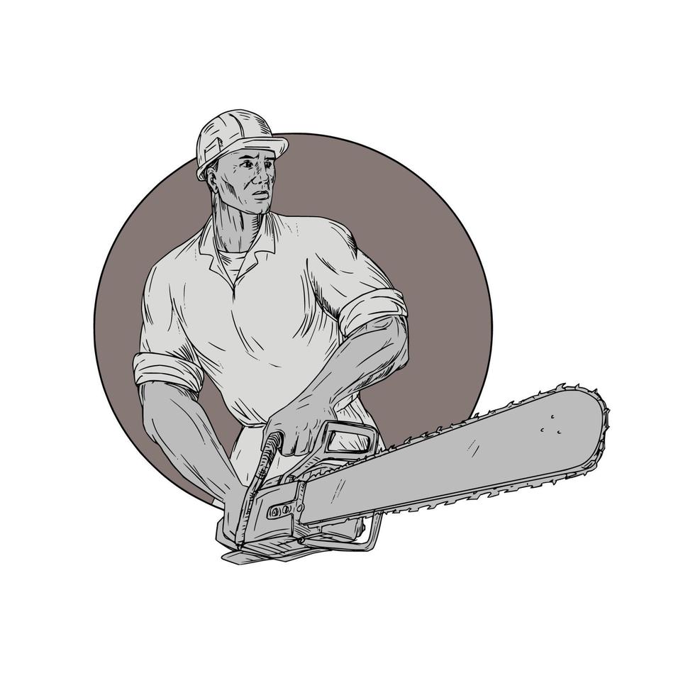 Lumberjack Arborist Holding Chainsaw Oval Drawing vector