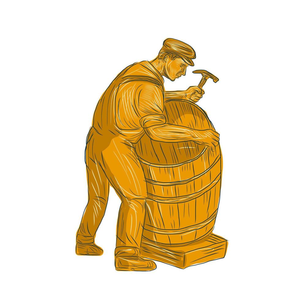 Cooper Making Wooden Barrel Drawing vector