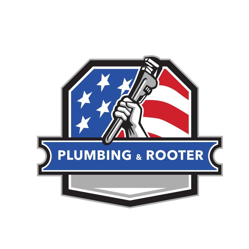Plumber Hand Pipe Wrench USA Flag Crest Retro vector