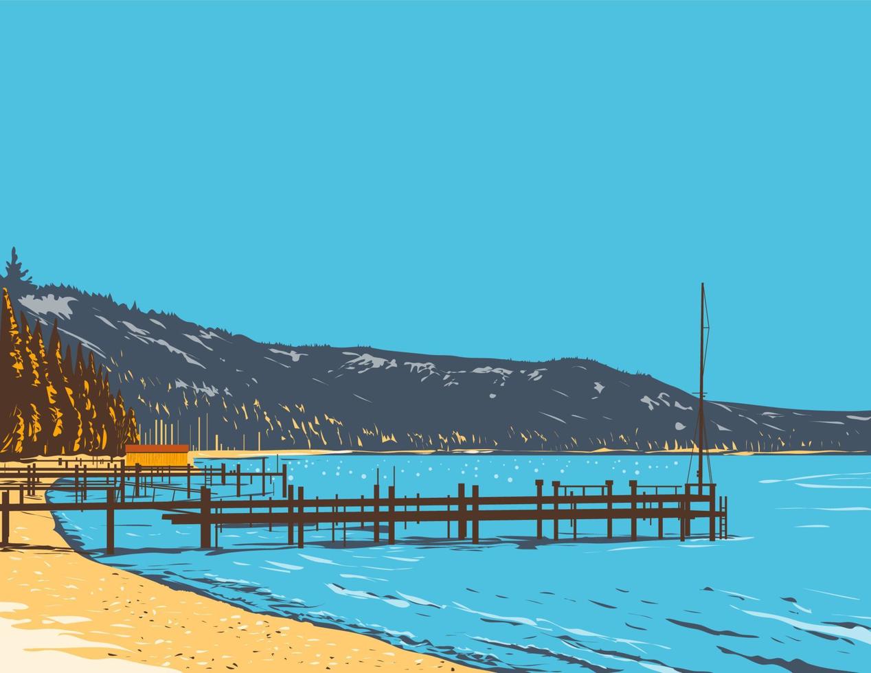 mckinney bay en el lago tahoe en las montañas de sierra nevada del norte de california wpa poster art vector