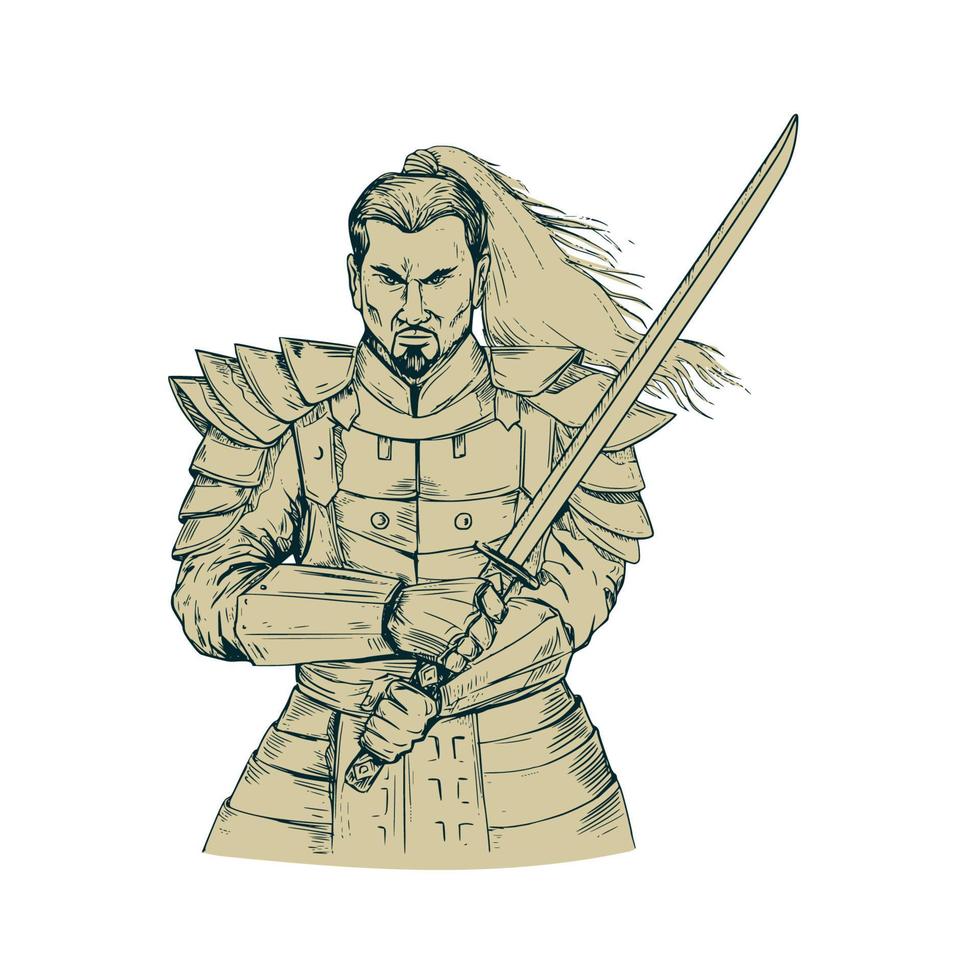 dibujo de postura de pelea de espada de guerrero samurai vector
