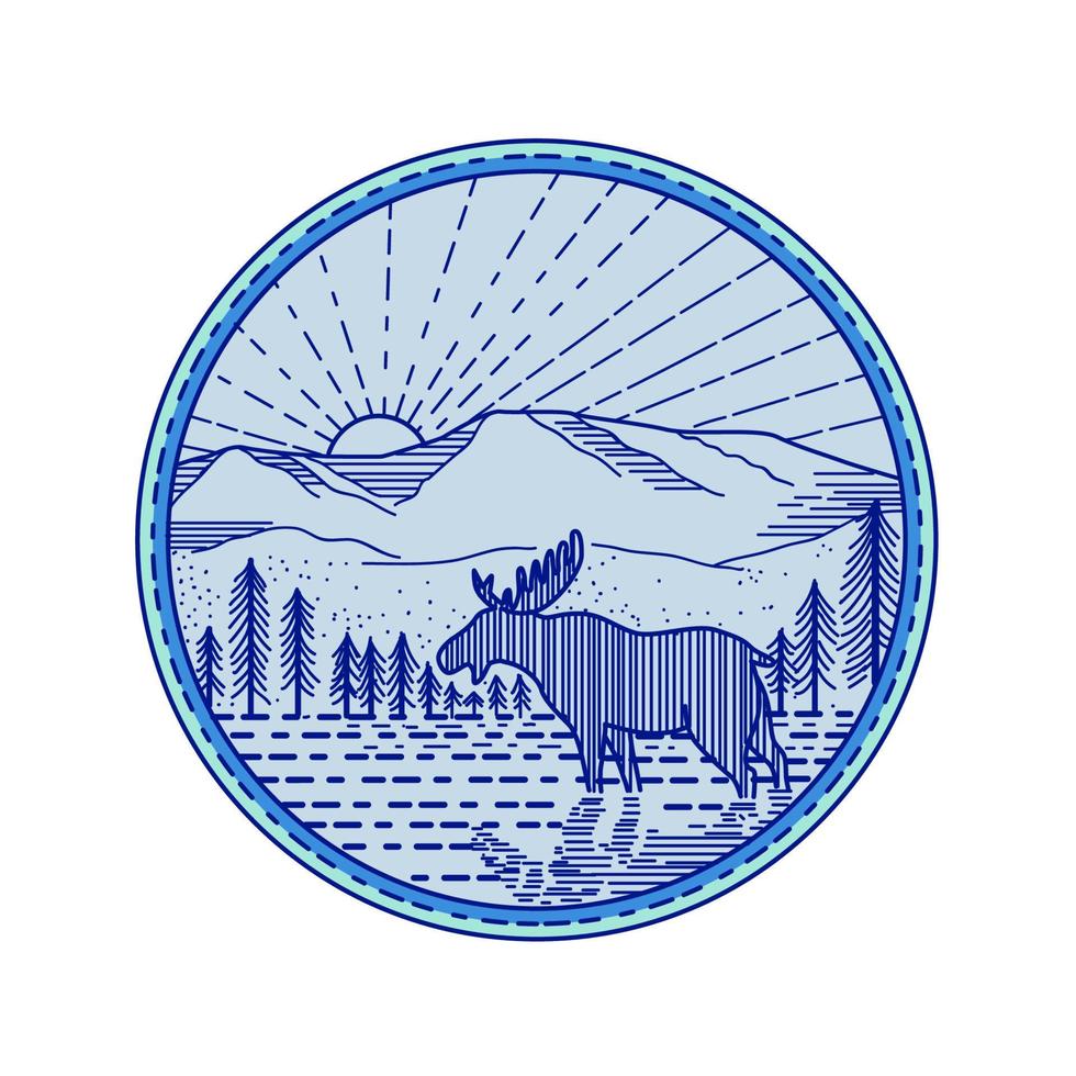 Moose River Flat Mountains Sunburst Circle Mono Line vector