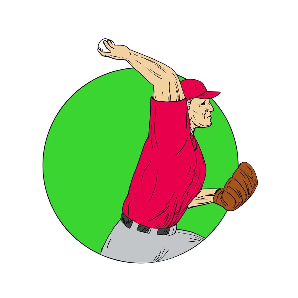 béisbol lanzador lanzando bola círculo dibujo vector