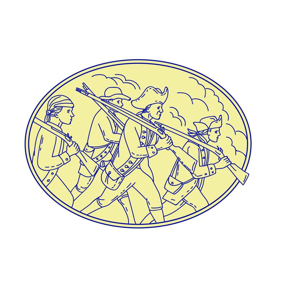 American Revolutionary Soldiers Marching Oval Mono Line vector