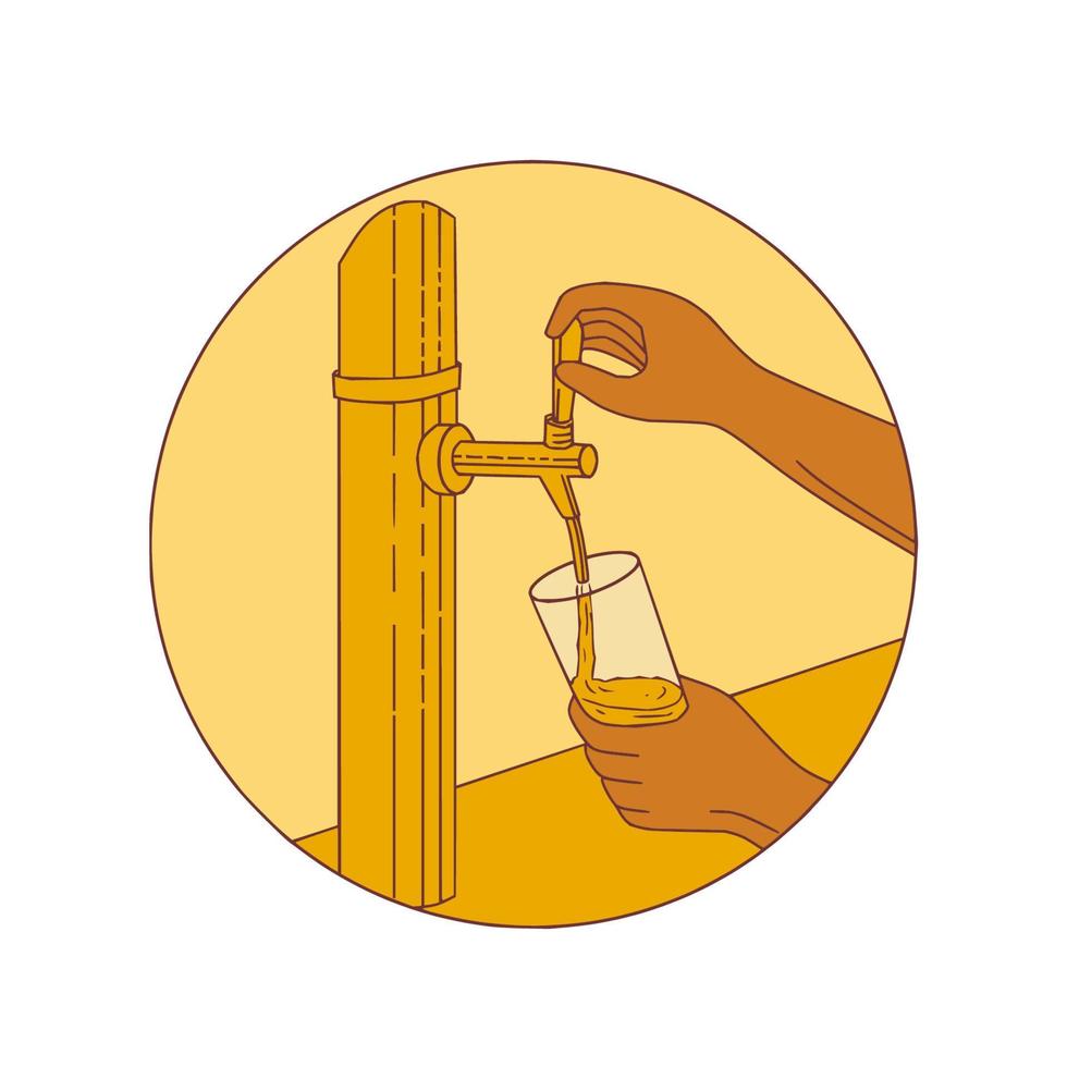 Hand Holding Glass Pouring Beer Tap Circle Drawing vector