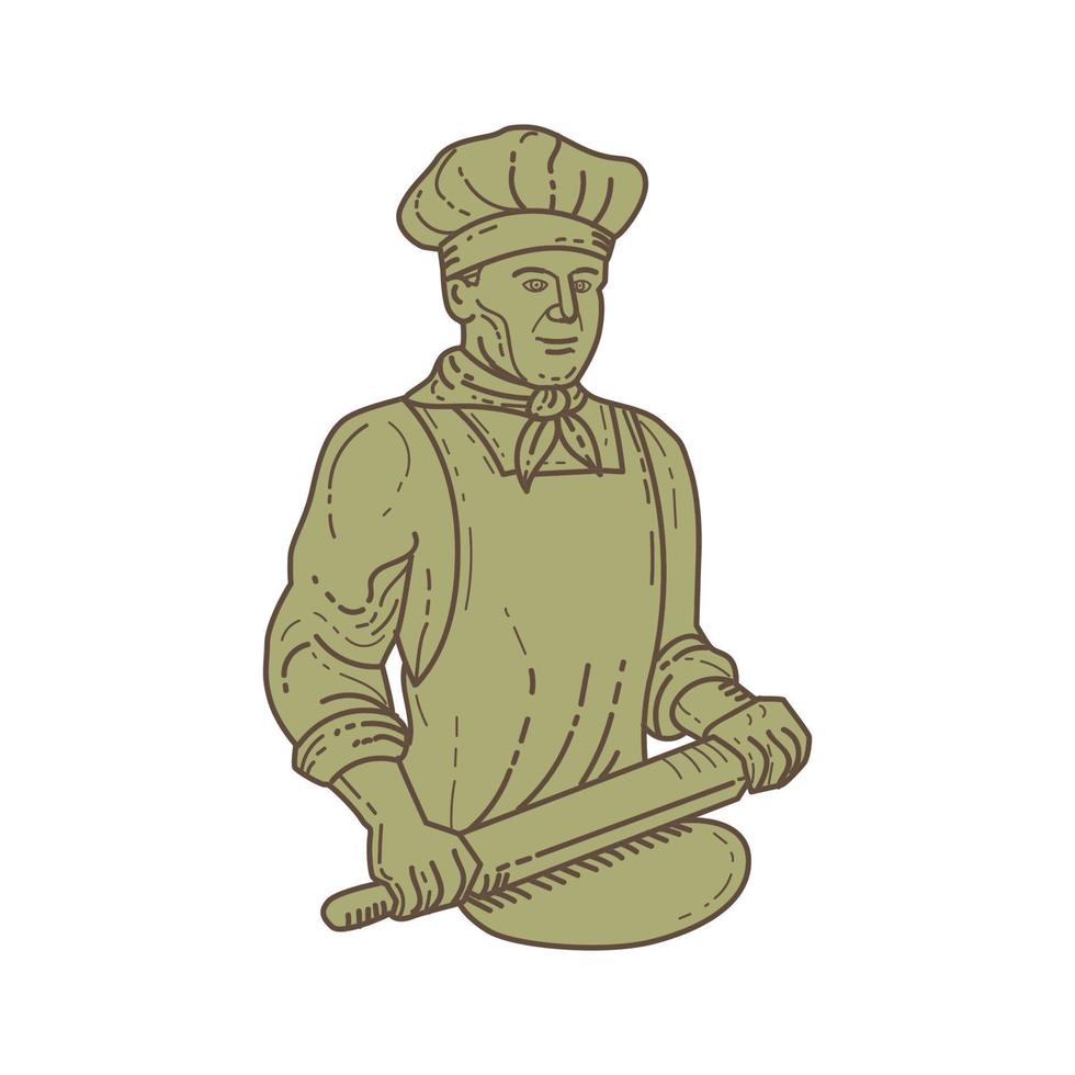 Baker Chef Rolling Pin Dough Mono Line vector
