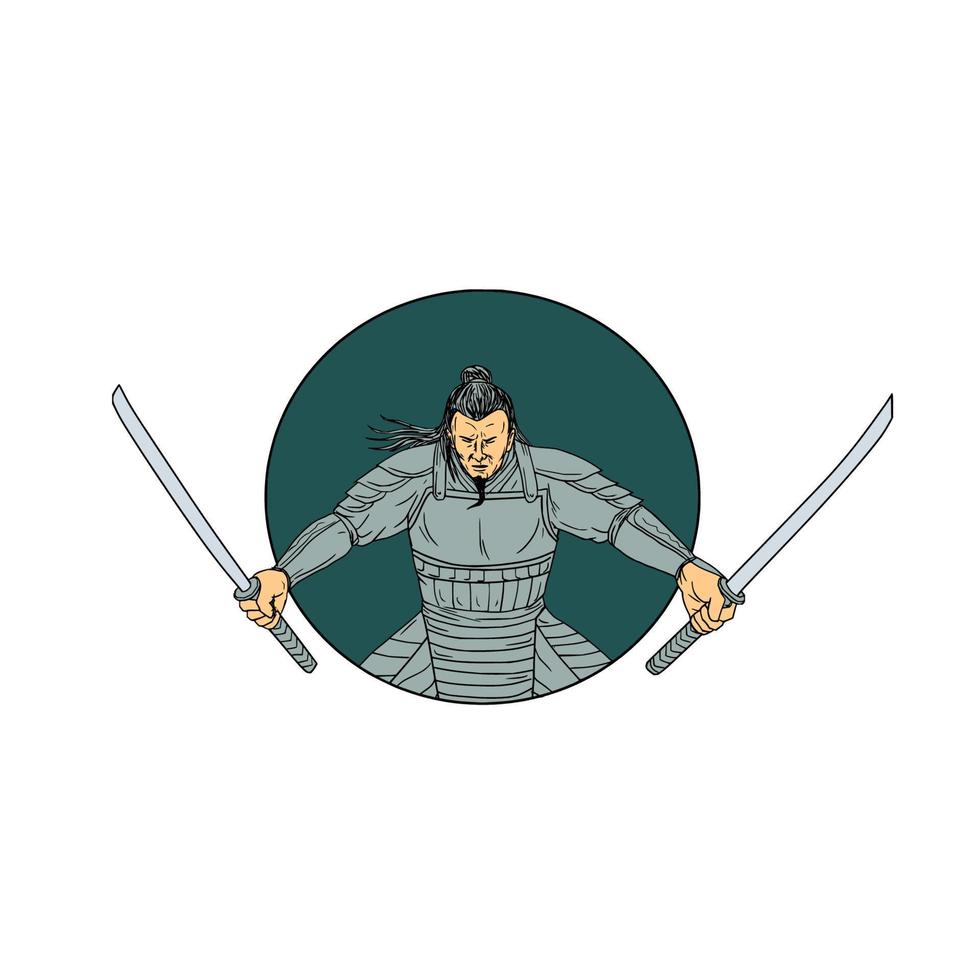 Samurai Warrior Wielding Two Swords Oval Drawing vector