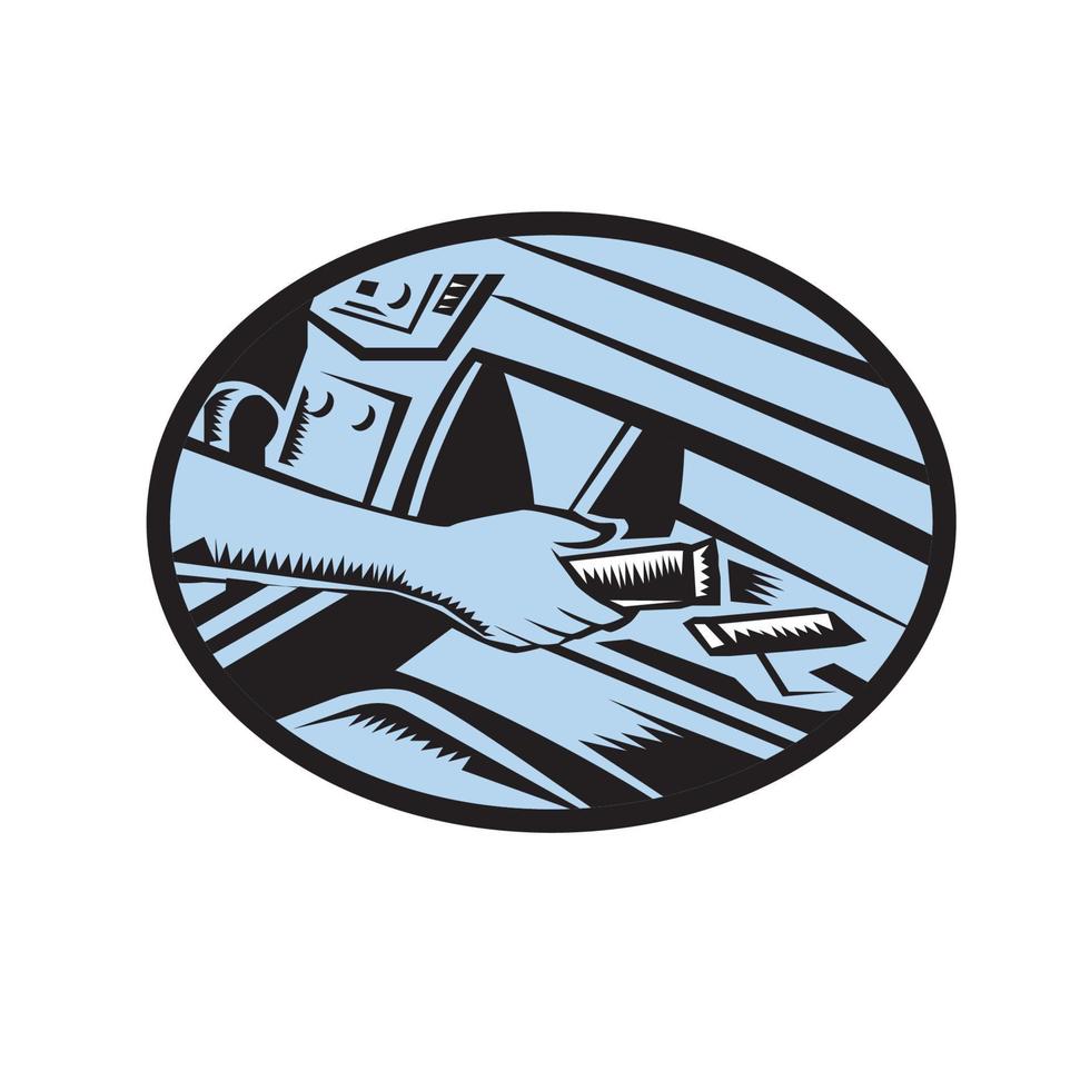 Hand Reaching in Glove Box for Energy Bar Oval Woodcut vector