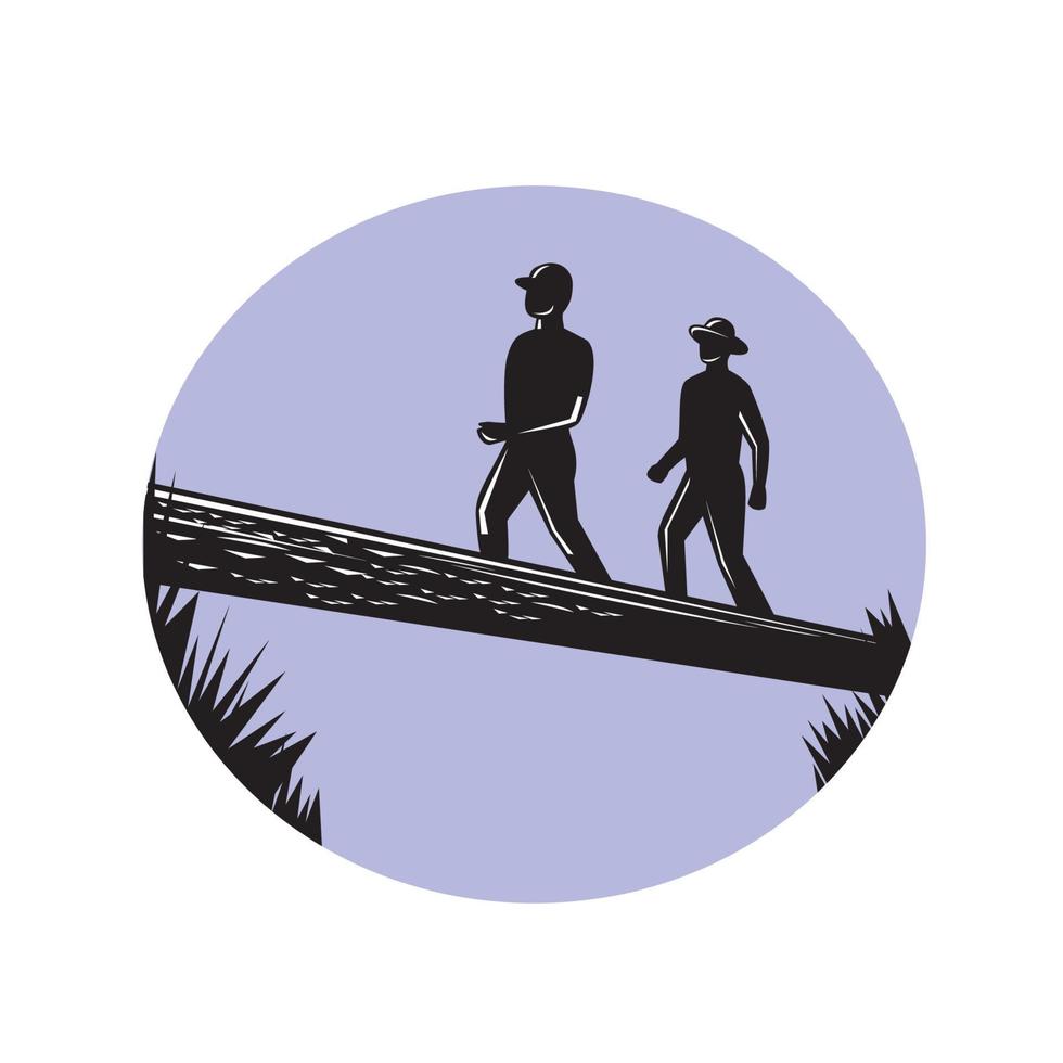 Hikers Crossing Single Log Bridge Oval Woodcut vector