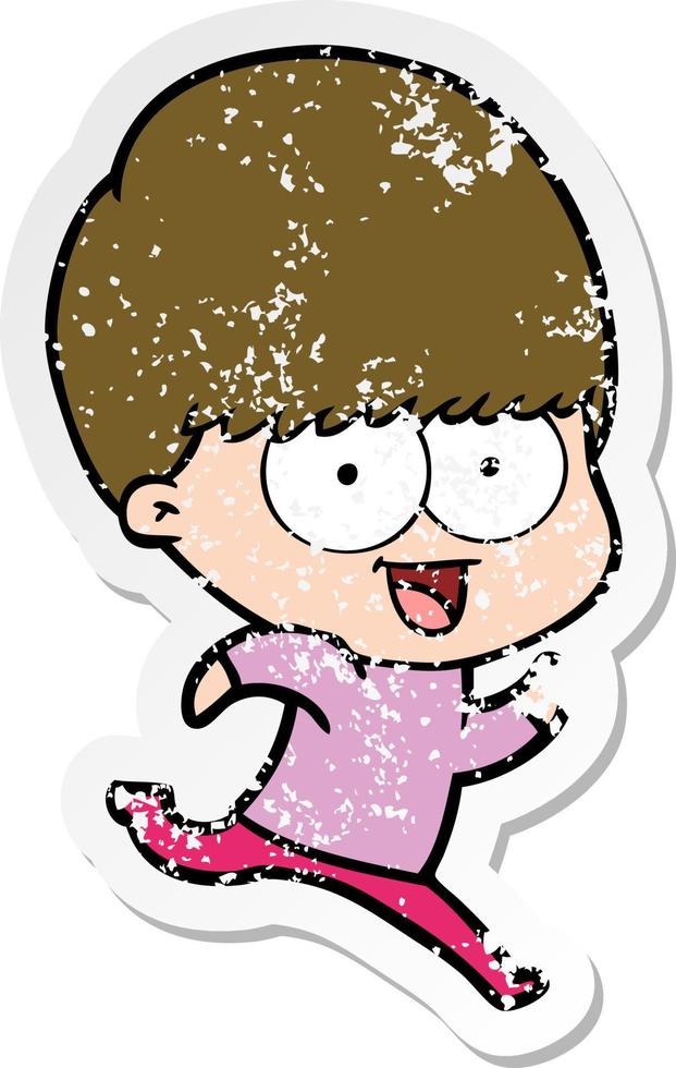 distressed sticker of a happy cartoon boy running vector