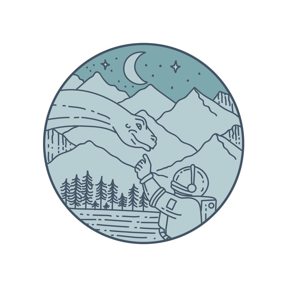 Astronaut Brontosaurus Moon Stars Mountains Circle Mono Line vector