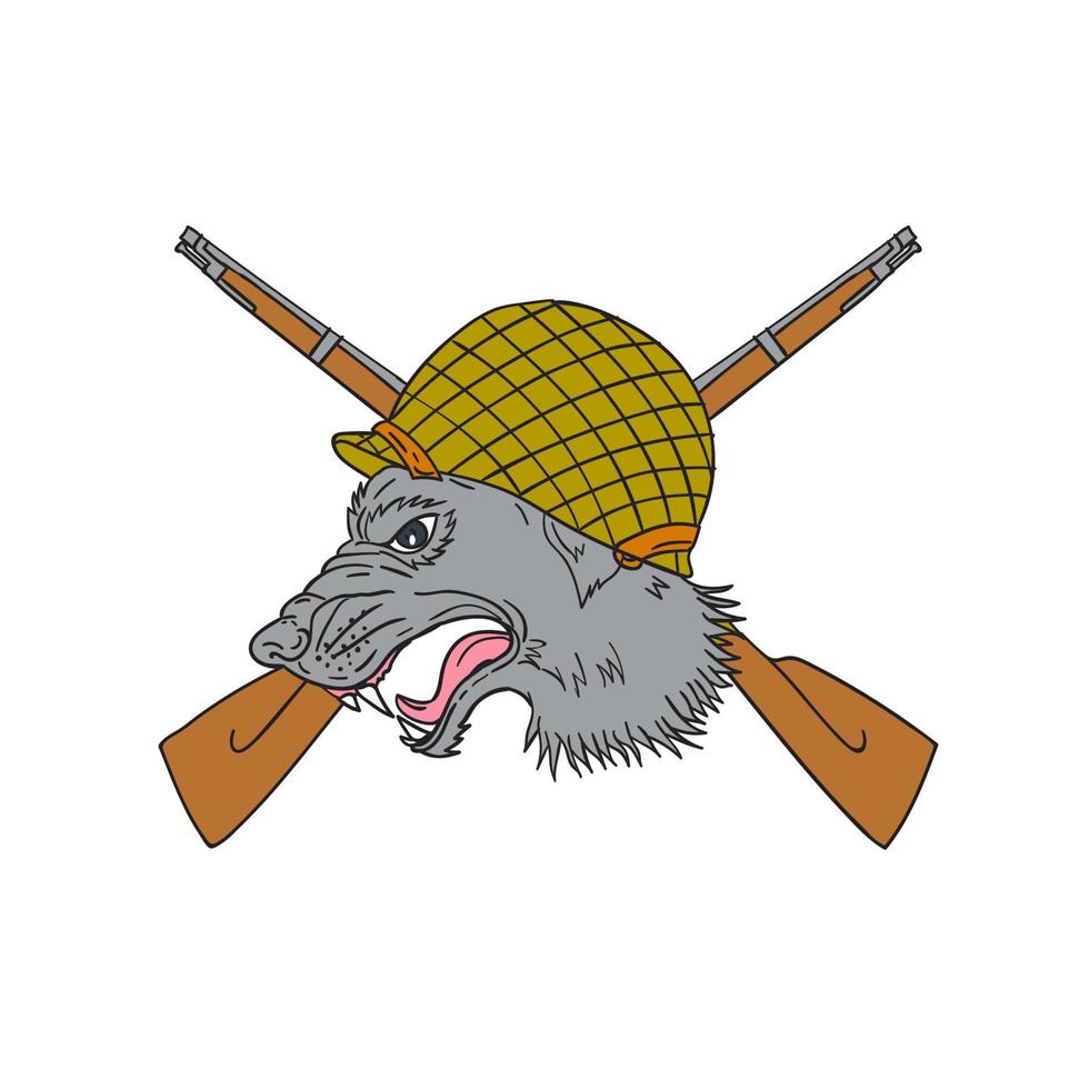 Grey Wolf Head World War 2 Helmet Drawing vector