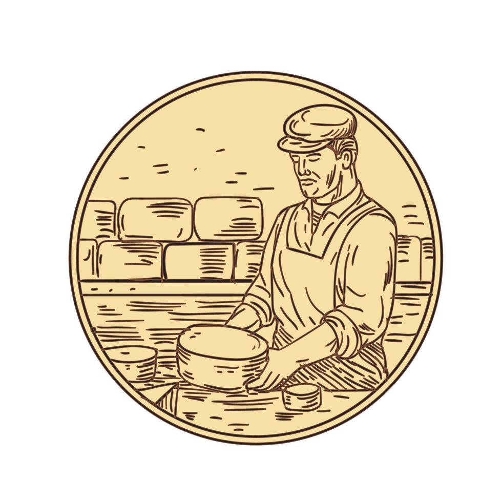 Cheesemaker Making Cheddar Cheese Circle Drawing vector