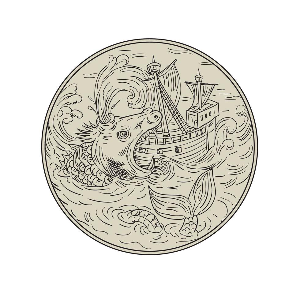Ancient Sea Monster Attacking Sailing Ship Circle Drawing vector