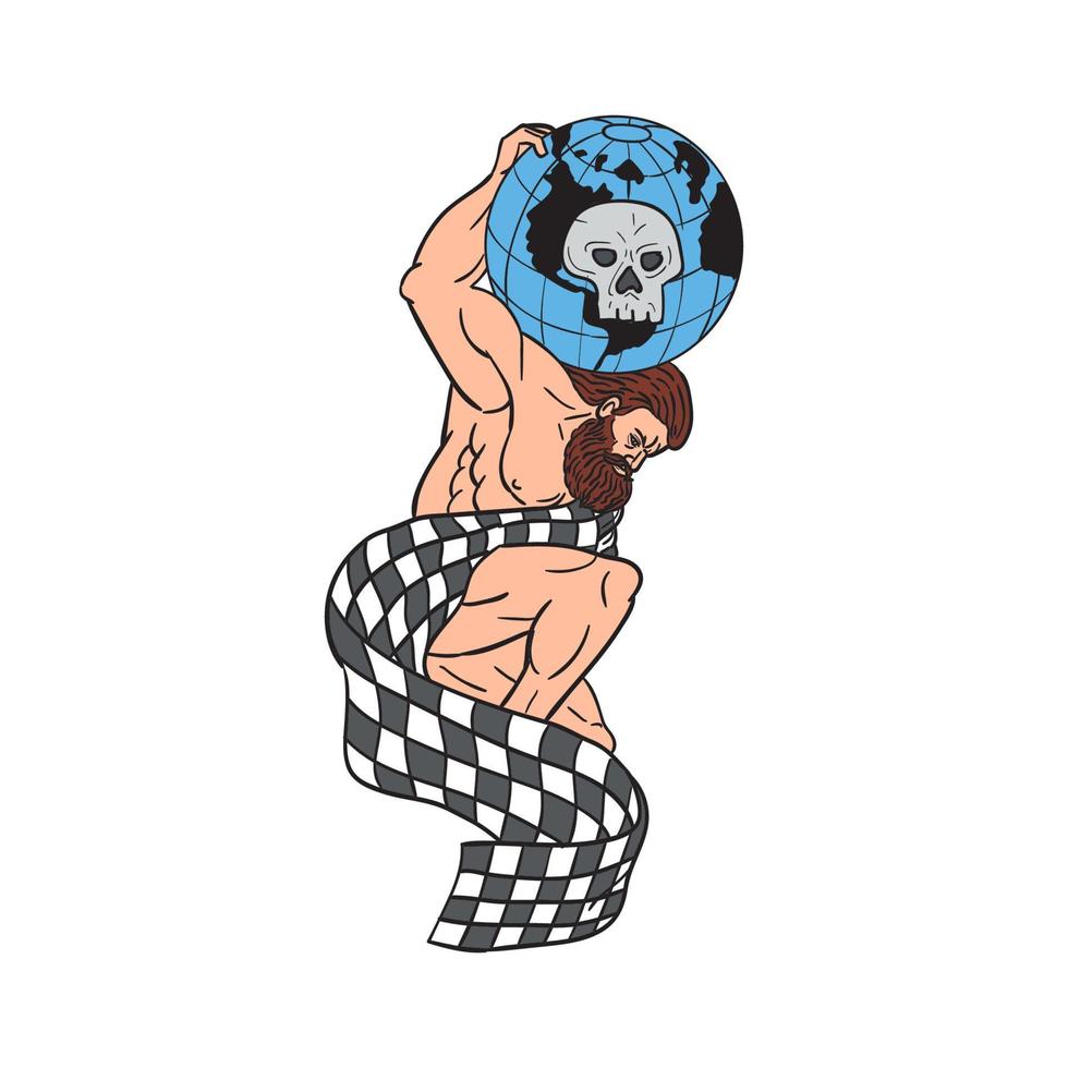 Atlas Lifting Globe Skull Checkered Flag Drawing vector