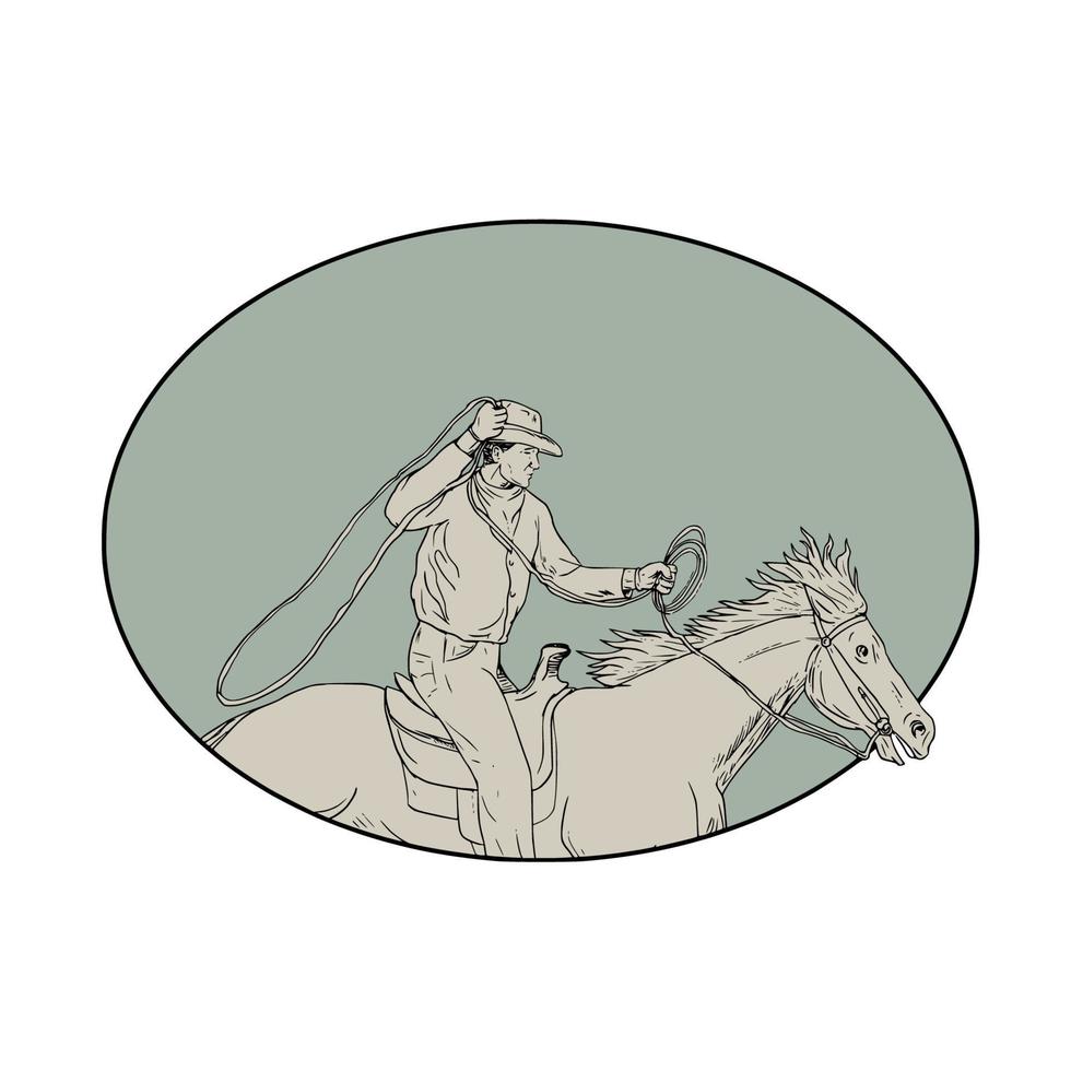 Cowboy Riding Horse Lasso Oval Drawing vector