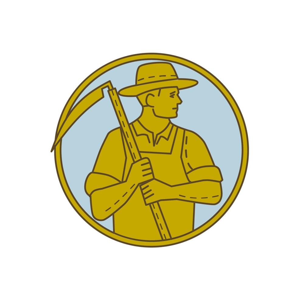 Organic Farmer Scythe Looking Side Circle Mono Line vector