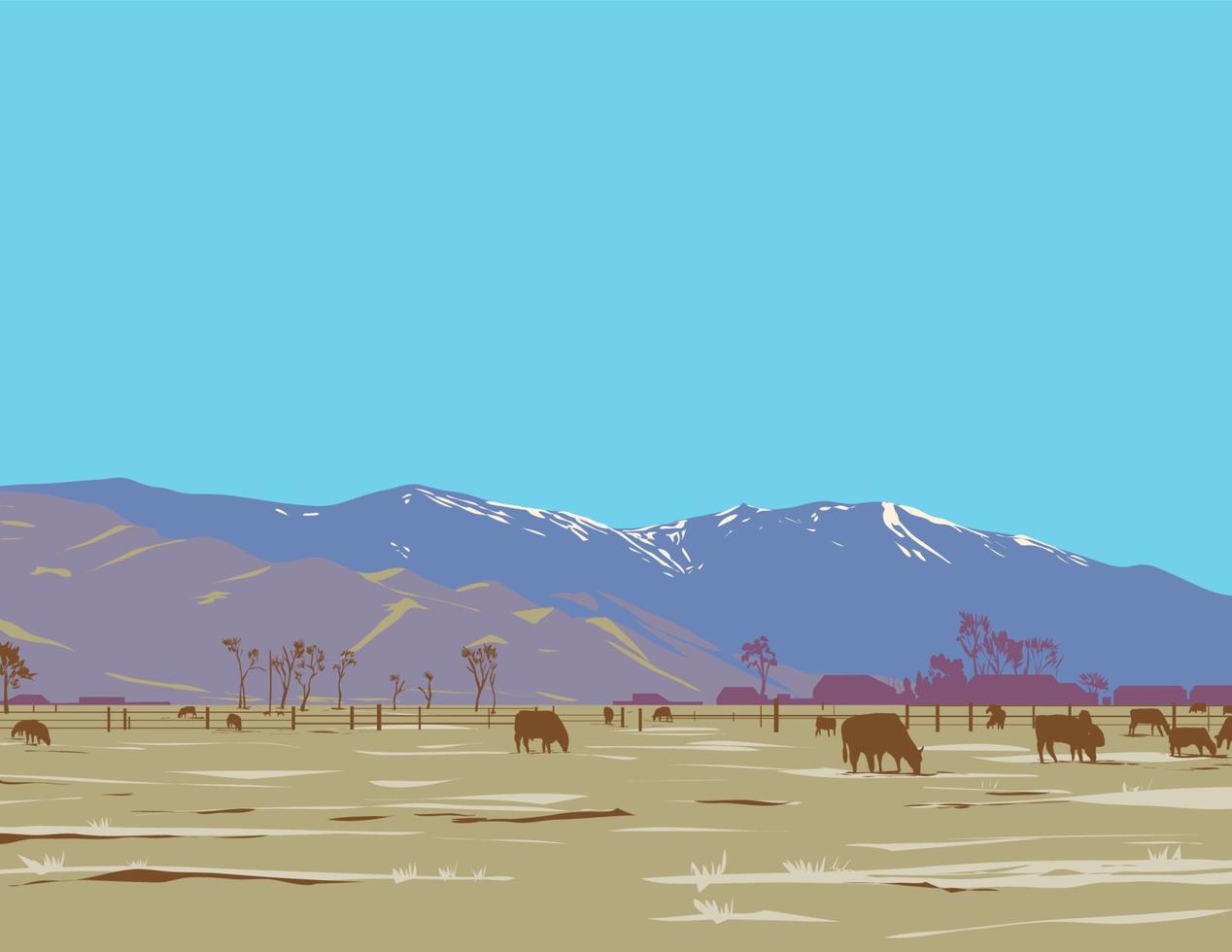 Monument Peak and East Peak with Dairy Farm in Gardnerville Nevada WPA Poster Art vector