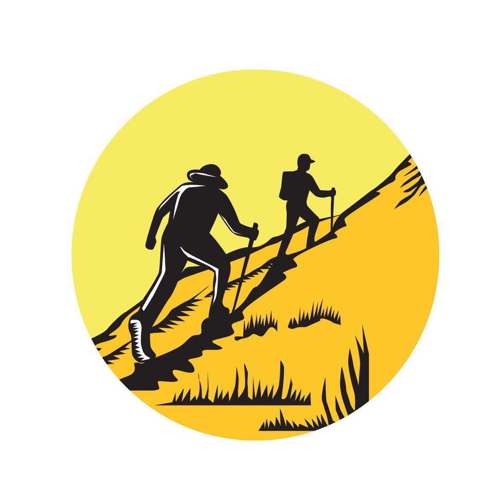 Hikers Hiking Up Steep Trail Circle Woodcut vector