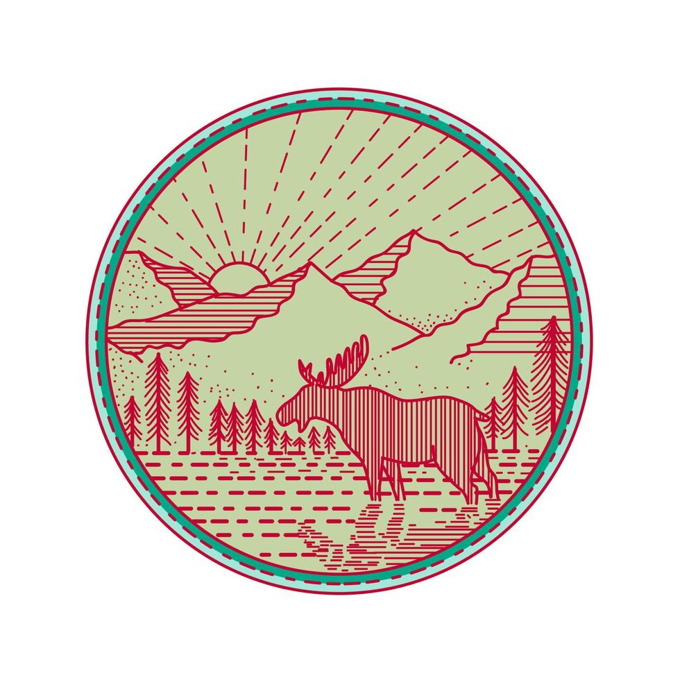 Moose River Mountains Sun Circle Retro vector