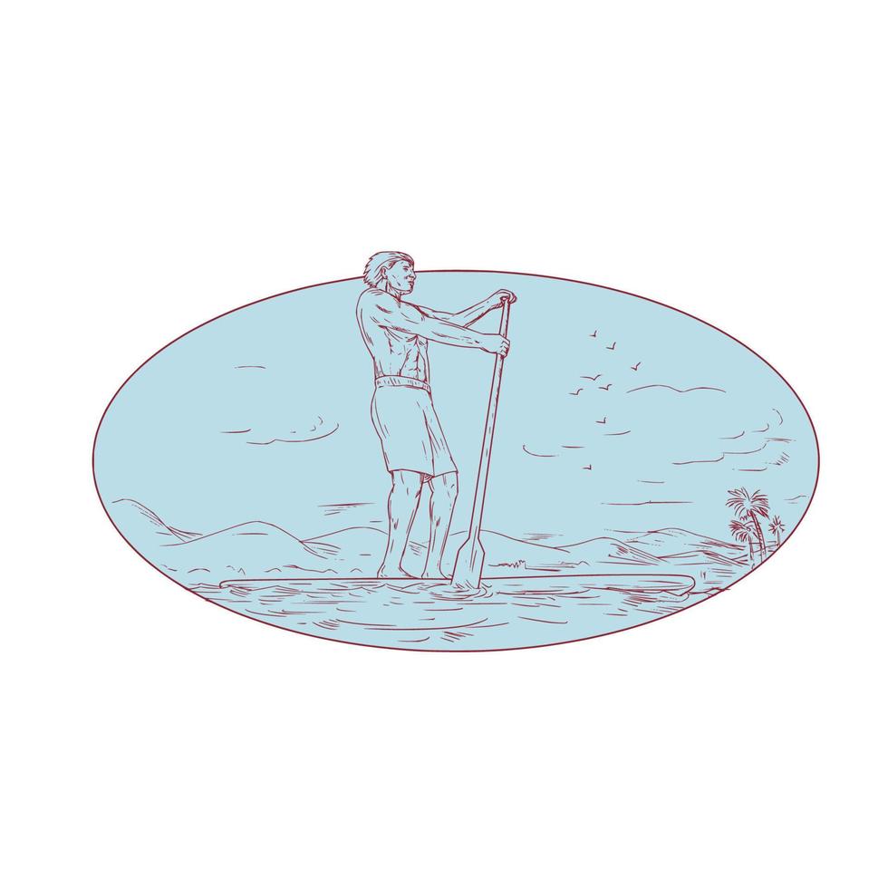 Guy Stand Up Paddle Tropical Island Oval Drawing vector