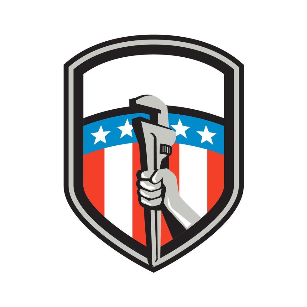 Plumber Hand Pipe Wrench USA Flag Shield Retro vector