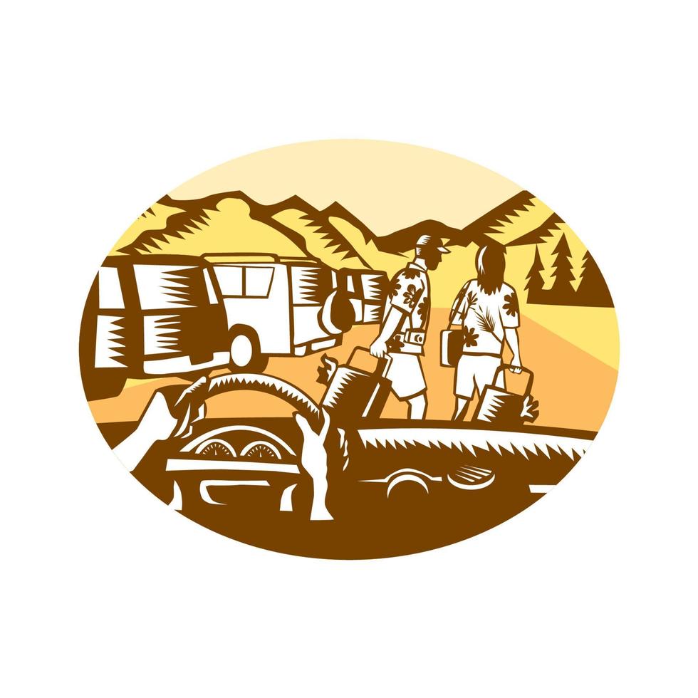 Hands on Wheel Tourist Mountain Oval Woodcut vector