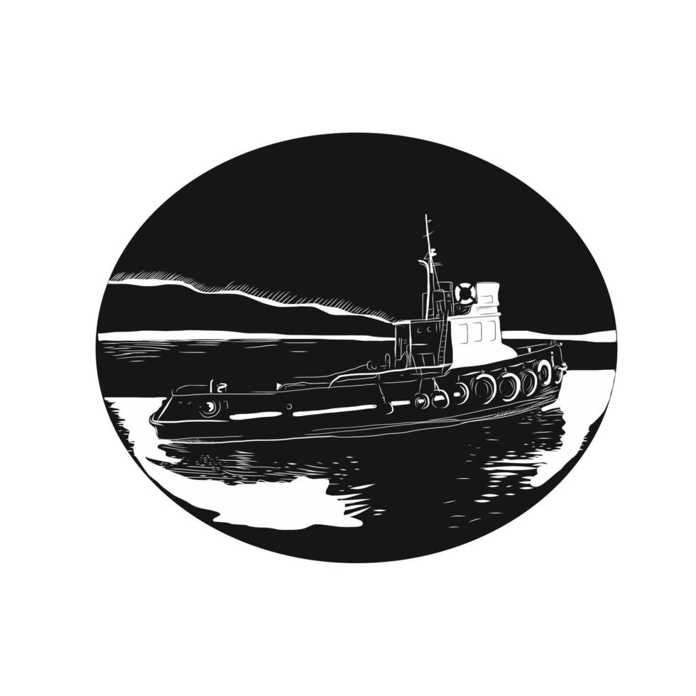 River Tugboat Oval Woodcut vector