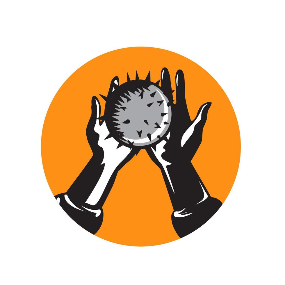 Hand Holding Ball with Spikes Circle Woodcut vector