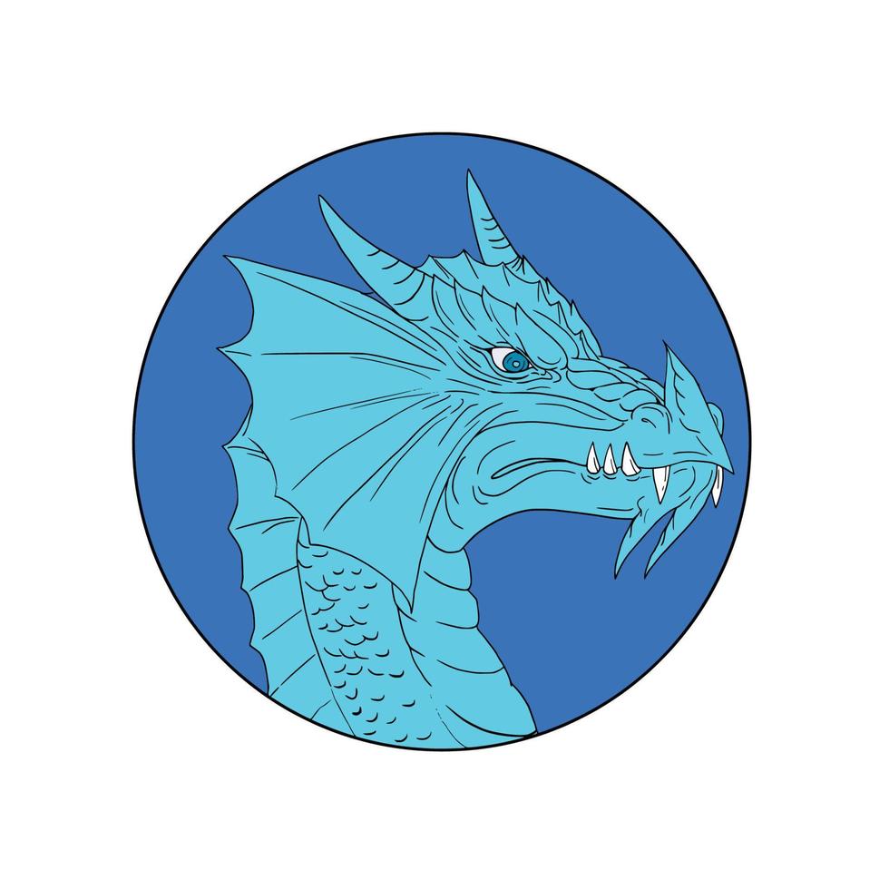 dibujo de círculo enojado de cabeza de dragón azul vector