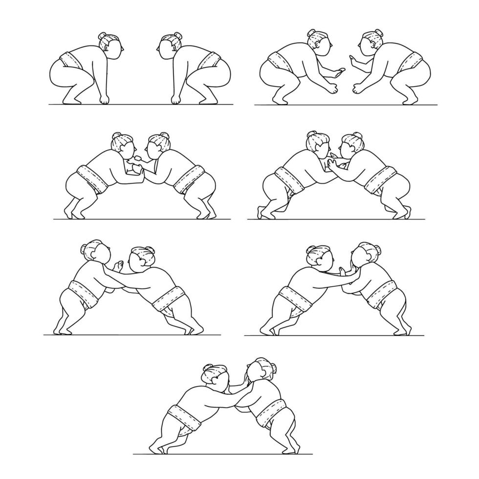 Rikishi Sumo Wrestlers Wrestling Mono Line Collection Set vector
