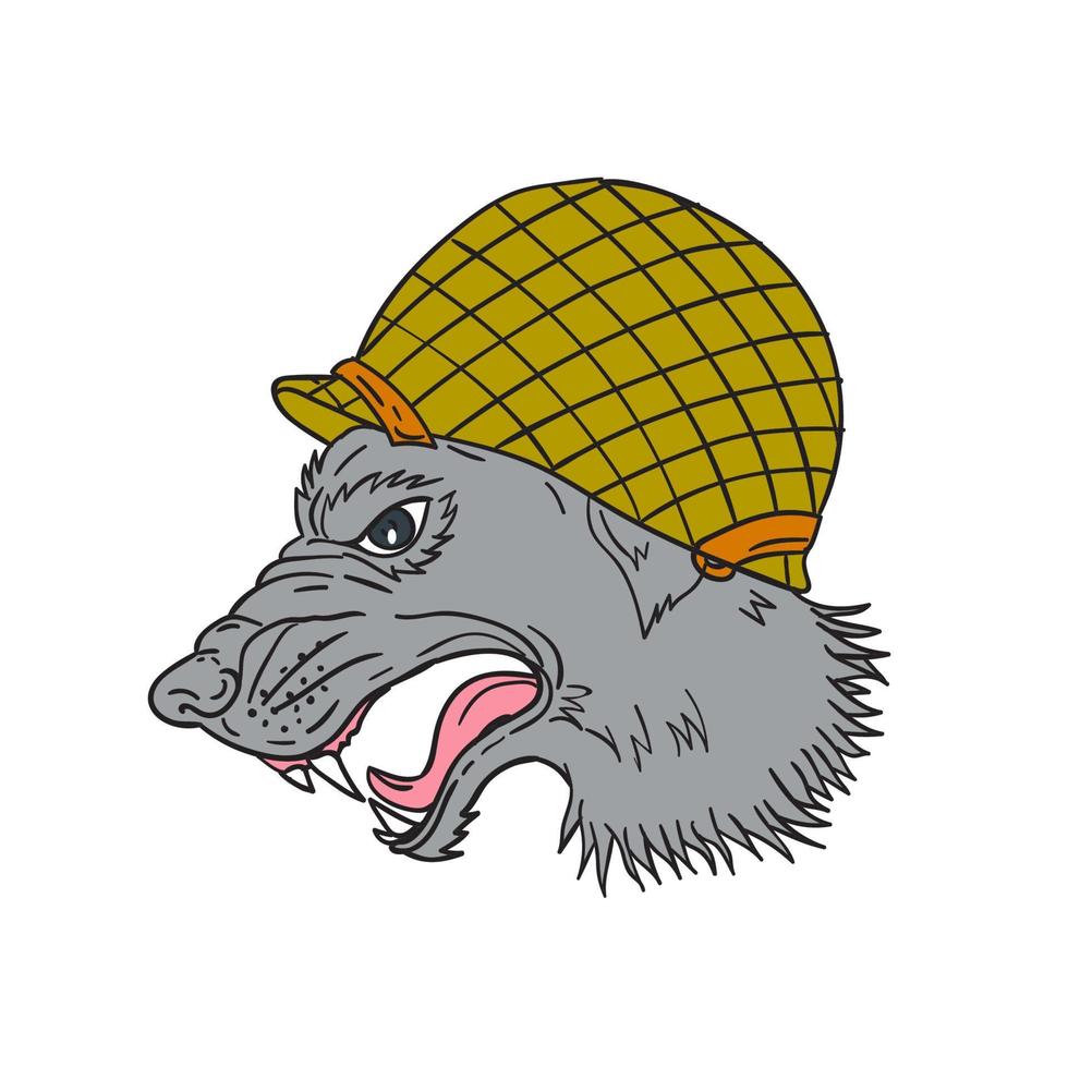 Grey Wolf Head Growling WW2 Helmet Drawing vector