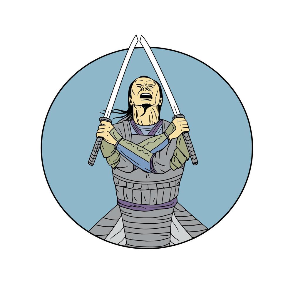 guerrero samurai dos espadas mirando hacia arriba dibujo circular vector
