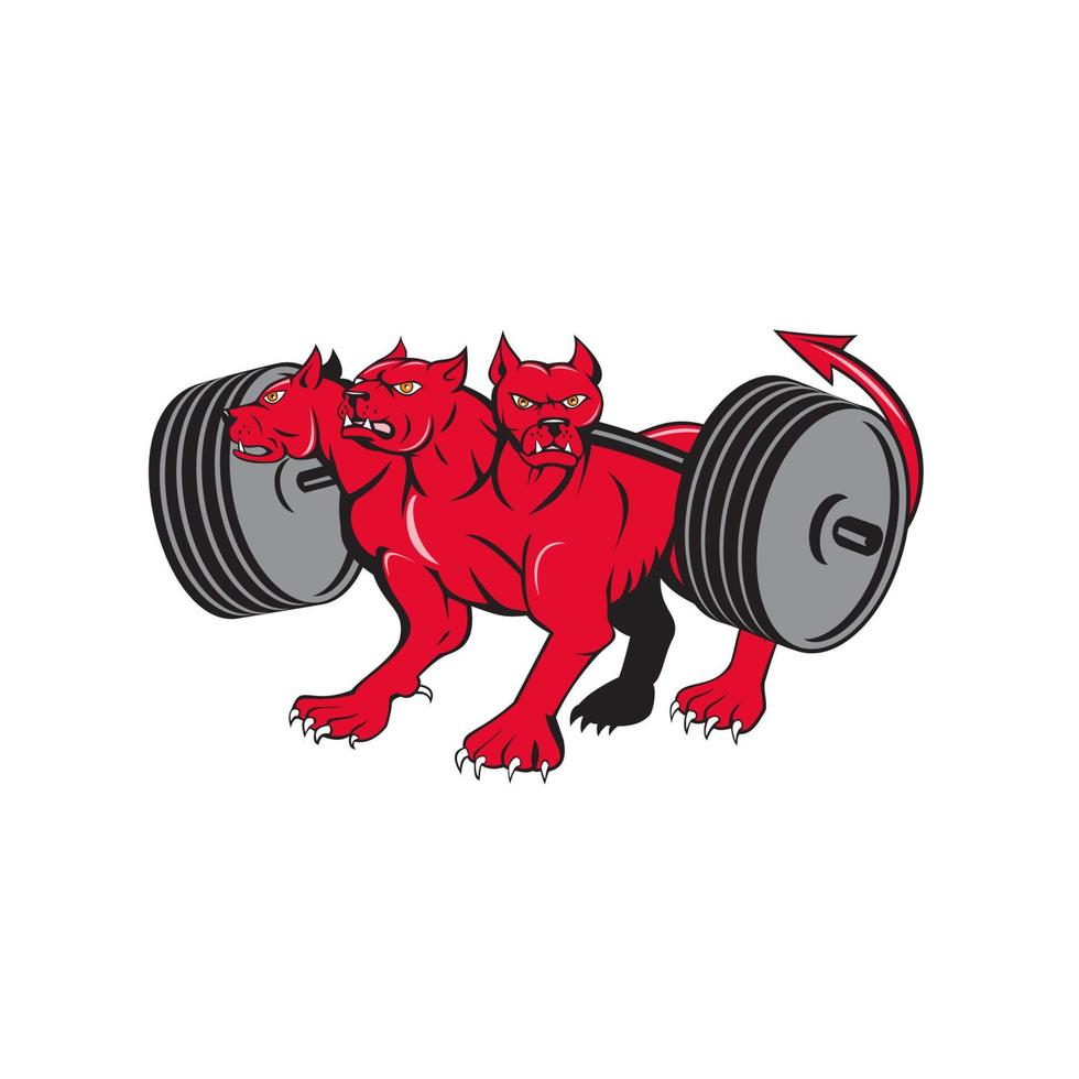 Cerberus Multi-headed Dog Hellhound Powerlifting Barbell Cartoon vector