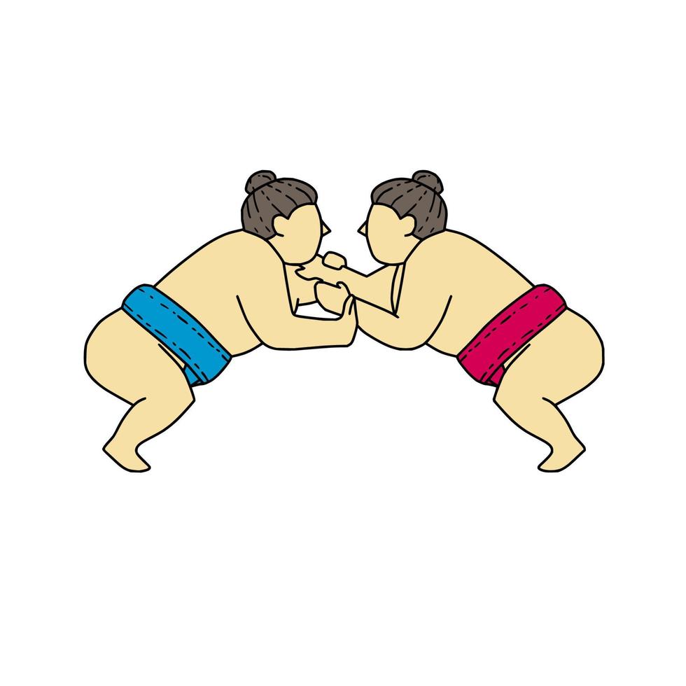 Rikishi Sumo Wrestlers Wrestling Side Mono Line vector
