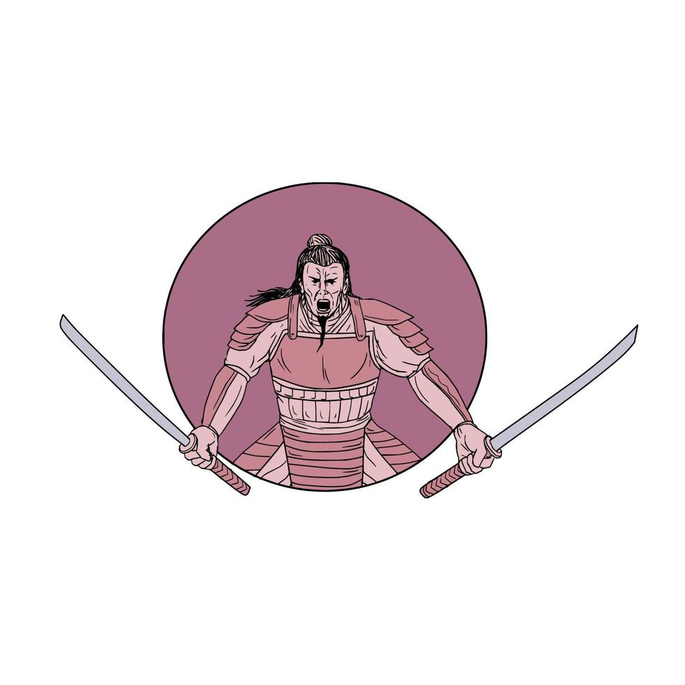 Raging Samurai Warrior Two Swords Oval Drawing vector