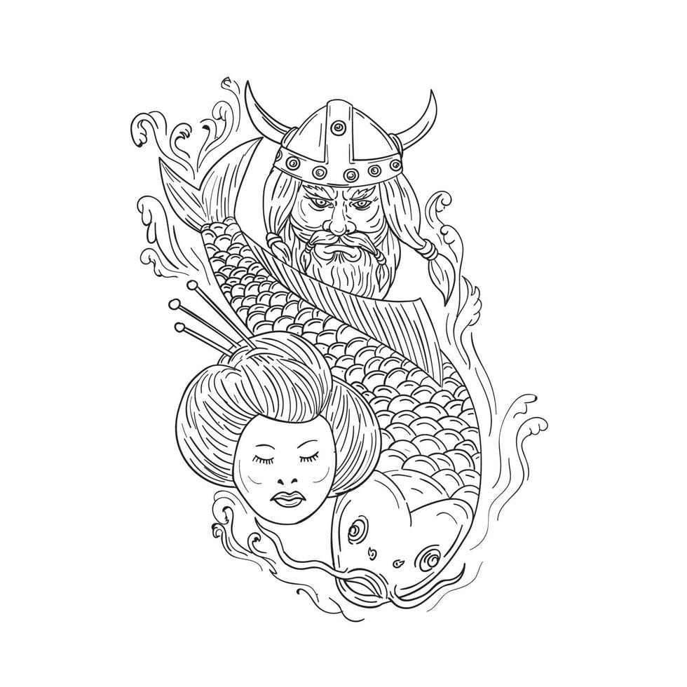 Viking Carp Geisha Head Black and White Drawing vector