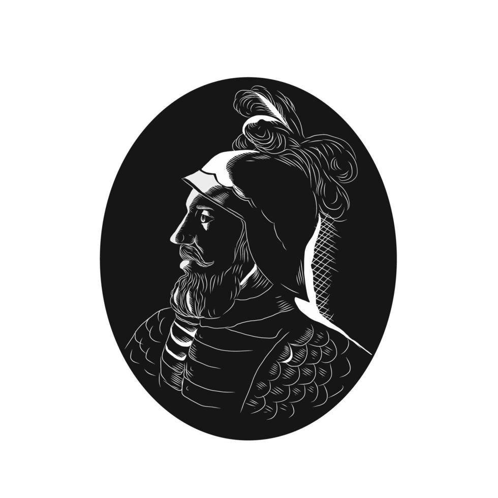 vasco nunez de balboa conquistador xilografía vector