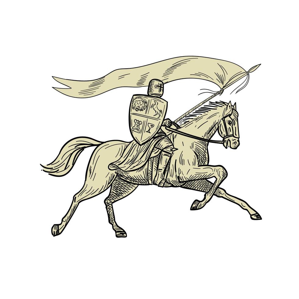 caballero equitación caballo escudo lanza bandera dibujo vector