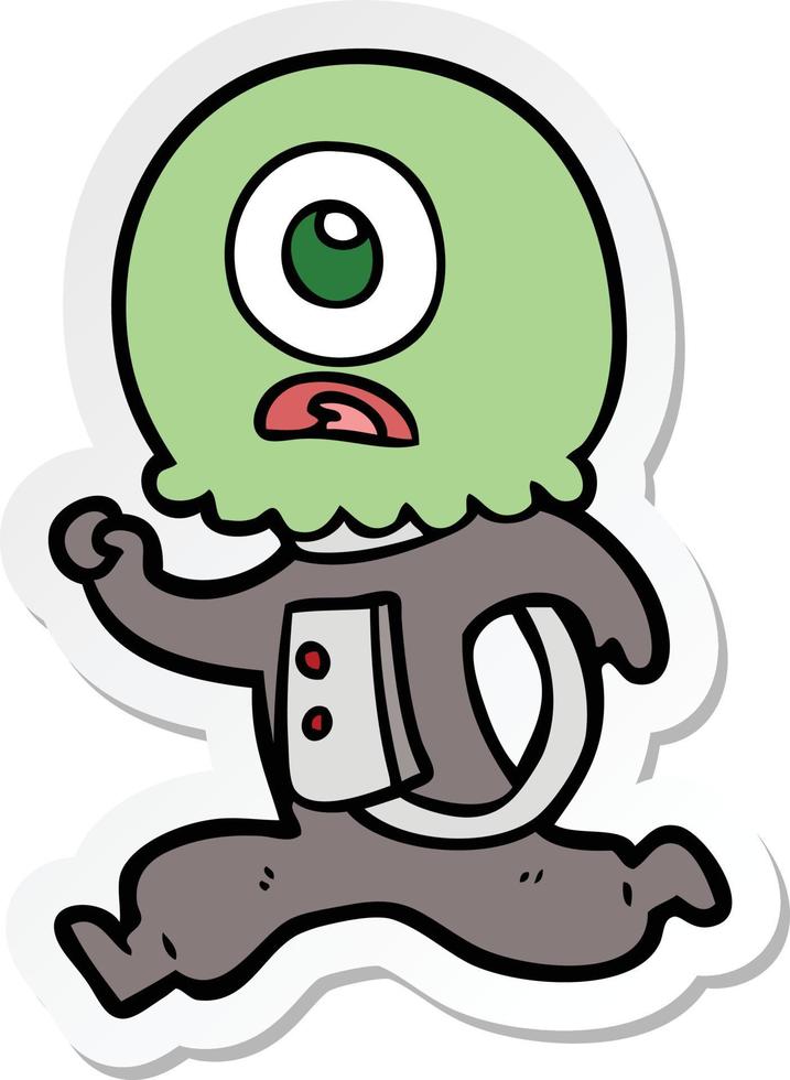 sticker of a cartoon cyclops alien spaceman running vector