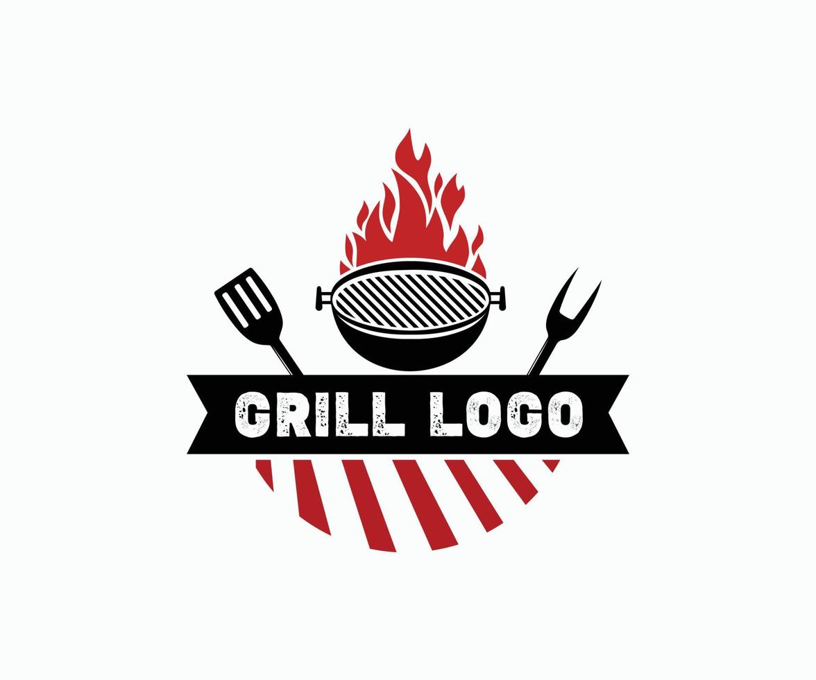 Hot Grill Logo Design Vector Template. Vintage Grill Barbeque Logo Design Vector Inspiration For Restaurant.