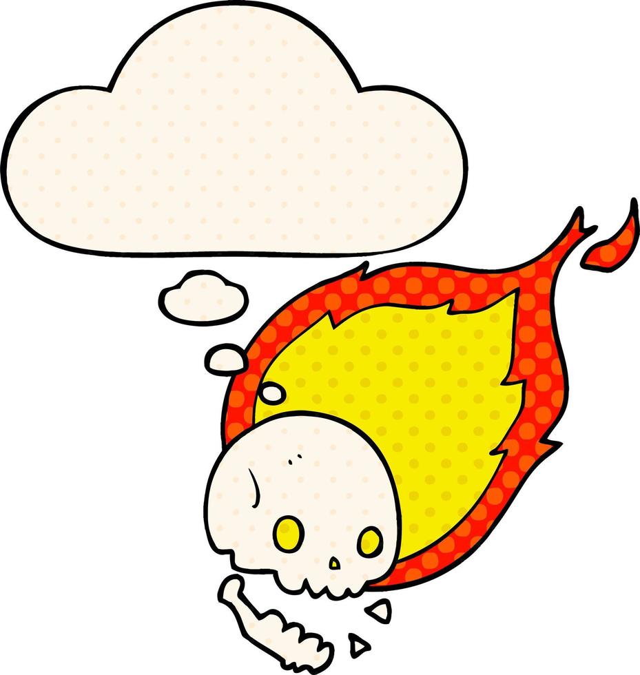 spooky cartoon flaming skull and thought bubble in comic book style vector