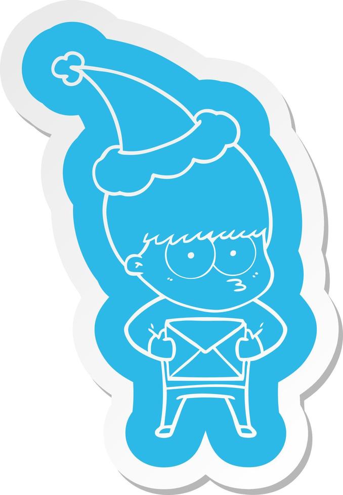 nervous cartoon  sticker of a boy wearing santa hat vector