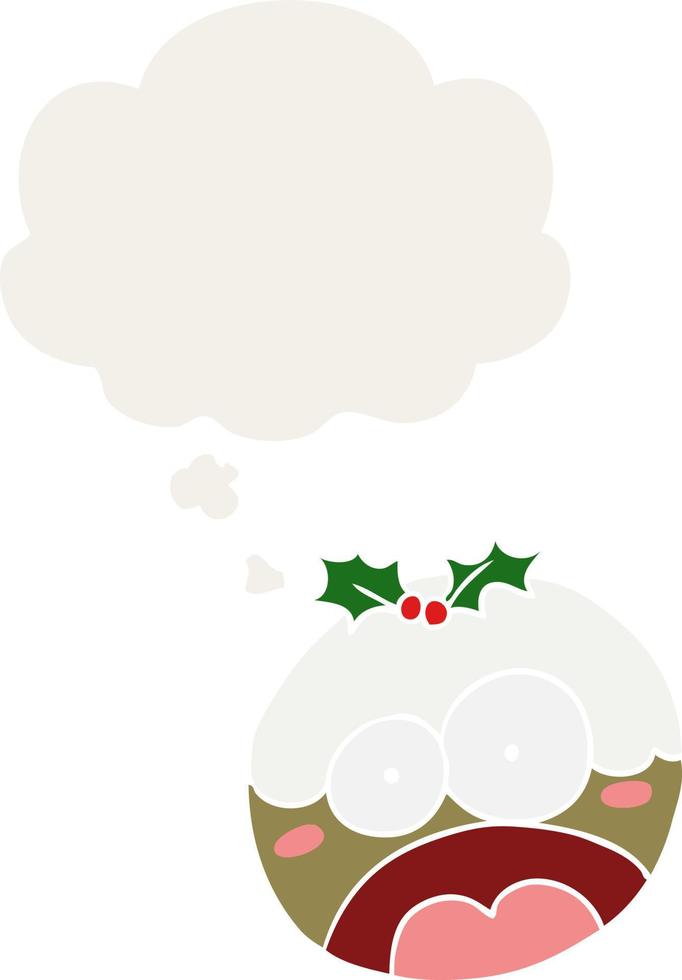cartoon shocked chrstmas pudding and thought bubble in retro style vector