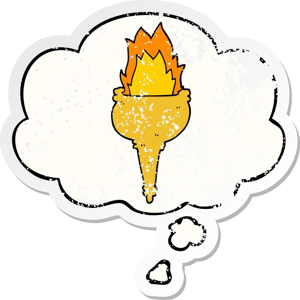 cartoon flaming torch and thought bubble as a distressed worn sticker vector